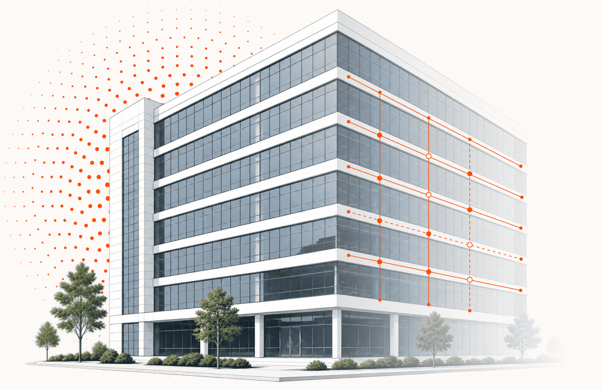 Enterprise-grade seven-story business building, connected by orange dots symbolizing AI