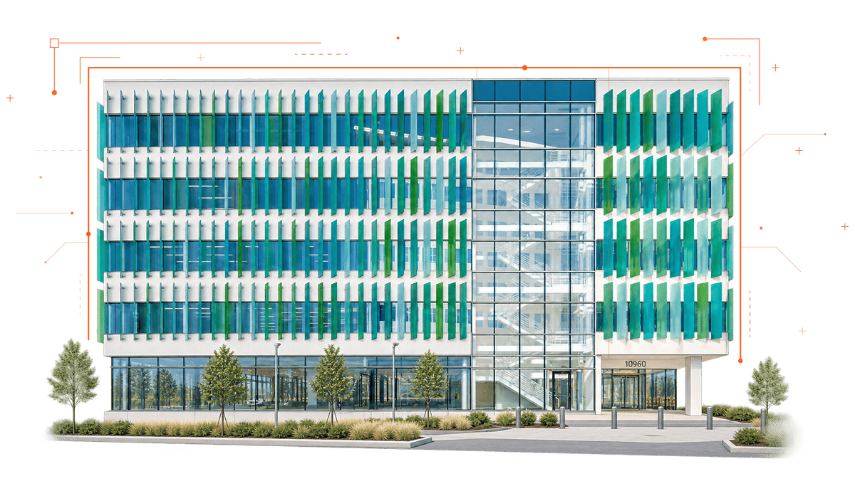 Office Building Facade With Blue Green Panels And Glass Entrance With Orange Lines